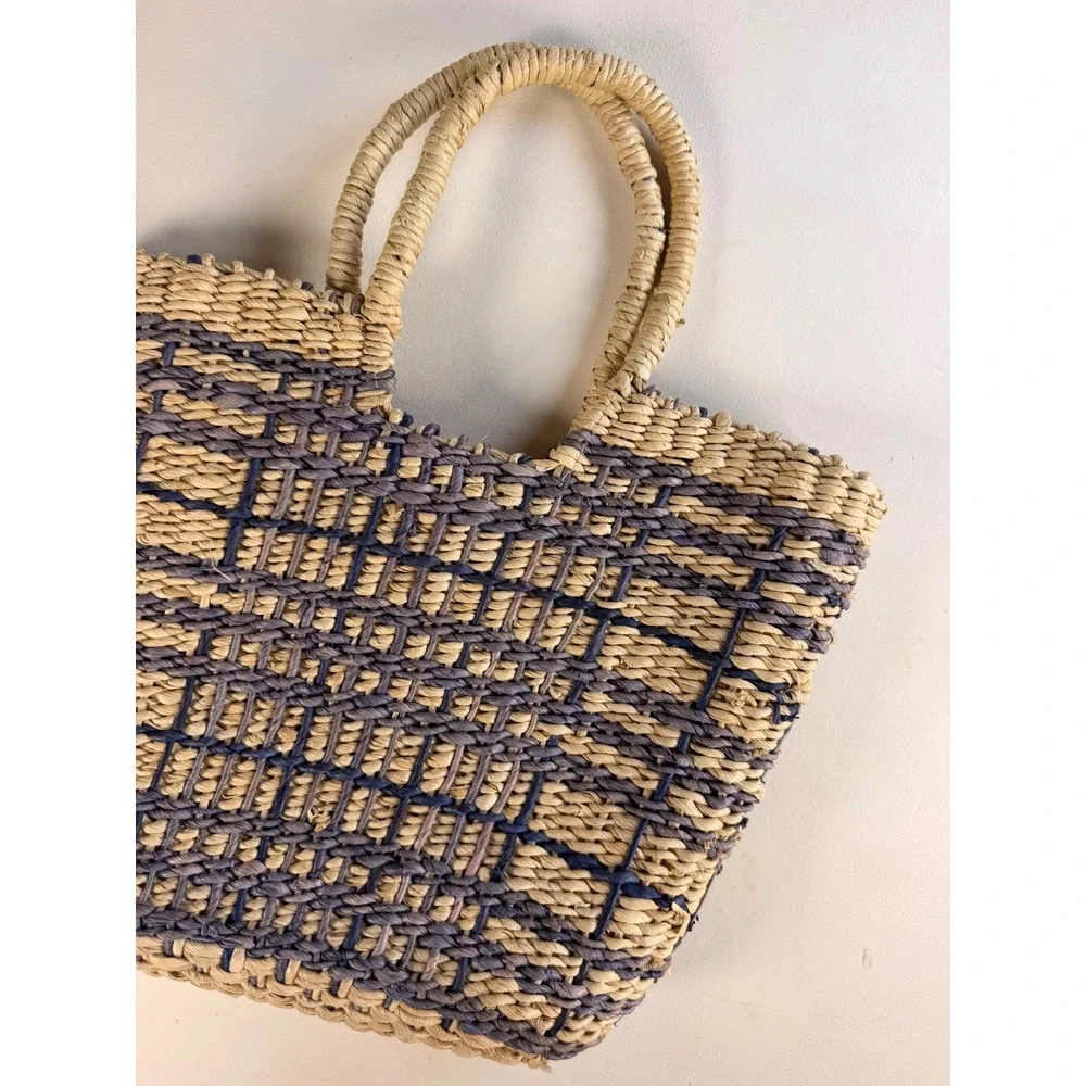 Faded Glory Woven Tote Bag Women Medium Tan Excellent Plaid Straw Corn Husk
